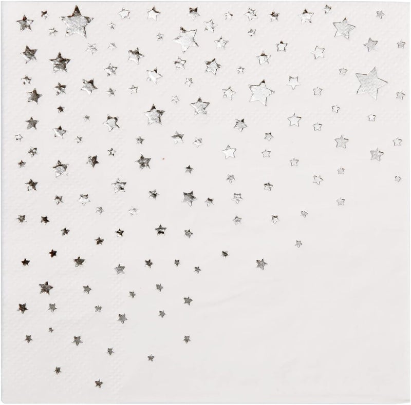 The Essential Concierge 100 White 3-Ply 5x5 Inch Silver Star Cocktail Napkins - Image 1